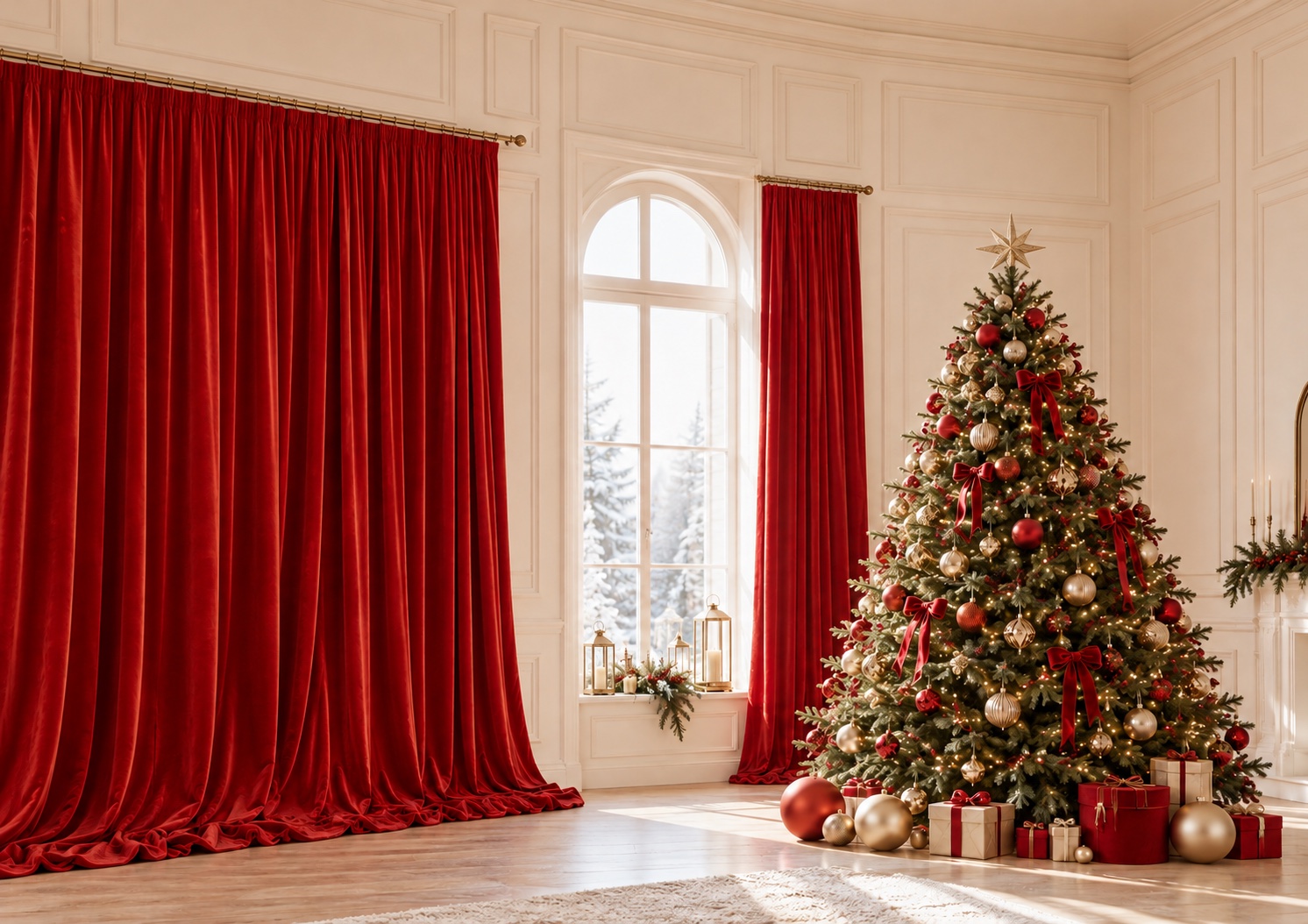 Concepto del escenario navideño: cortinas rojas y un árbol con luces cálidas
