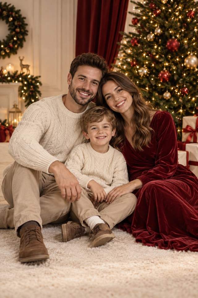 Imagen ilustrativa de padres con su hijo en una sesión navideña