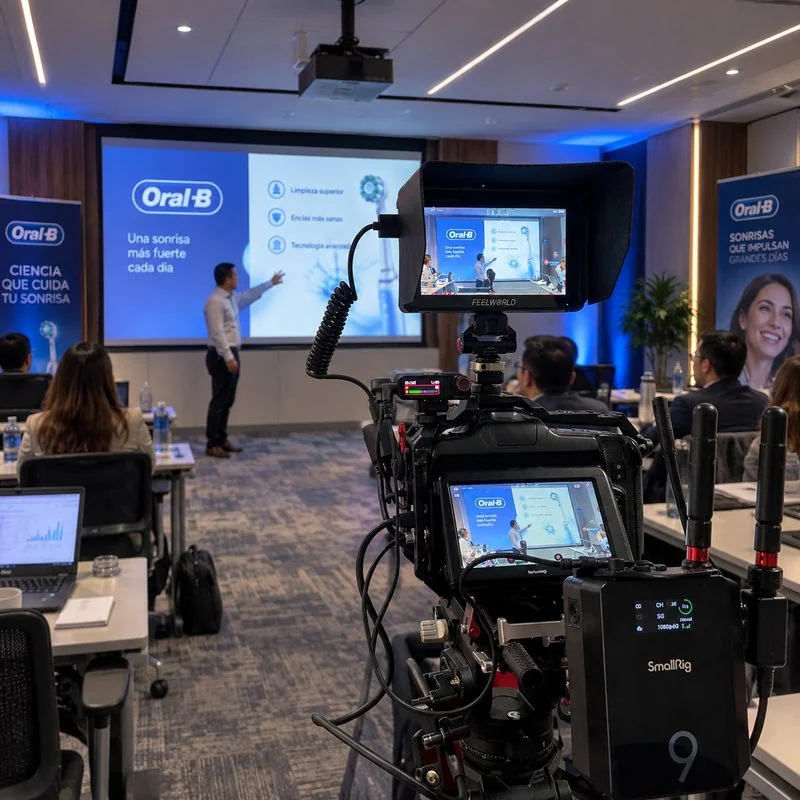 Cámara y monitor en una transmisión de evento corporativo